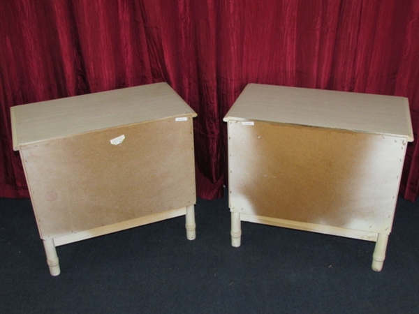 TWO WHITE NIGHT STANDS WITH BAMBOO ACCENT FRONTS & LEGS.