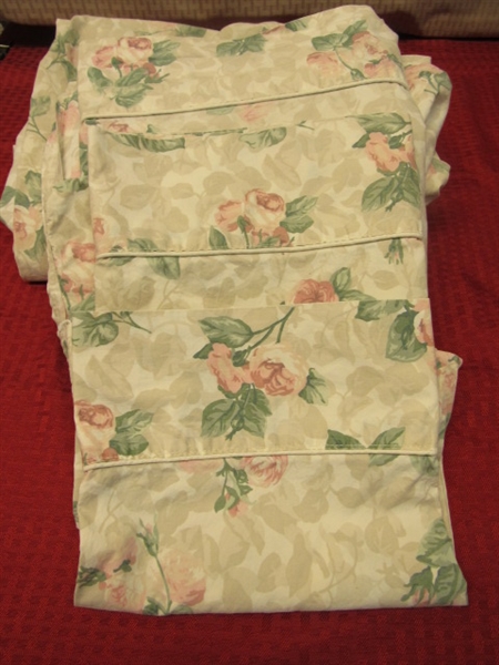 VERY NICE SET OF QUEEN SIZE SHEETS - TAN &CREAM WITH DUSTY ROSE FLOWERS