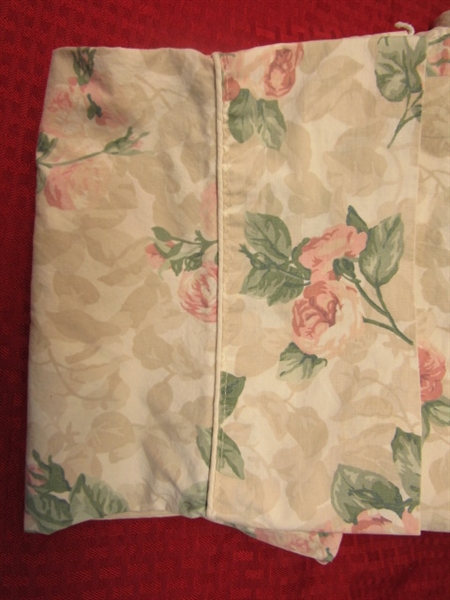 VERY NICE SET OF QUEEN SIZE SHEETS - TAN &CREAM WITH DUSTY ROSE FLOWERS