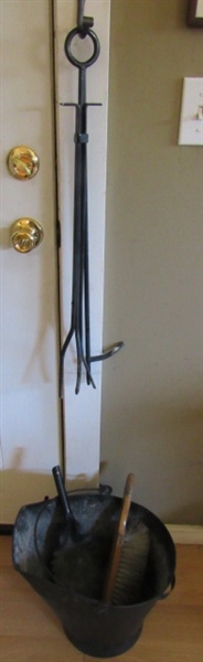 UNIQUE FIREPLACE TOOLS WITH WROUGHT IRON WALL HOOK FOR HANGING, COAL HOD & SHOVEL SET..