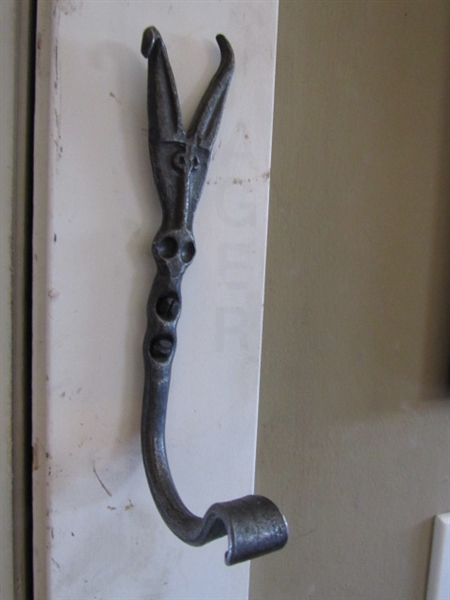 UNIQUE FIREPLACE TOOLS WITH WROUGHT IRON WALL HOOK FOR HANGING, COAL HOD & SHOVEL SET..