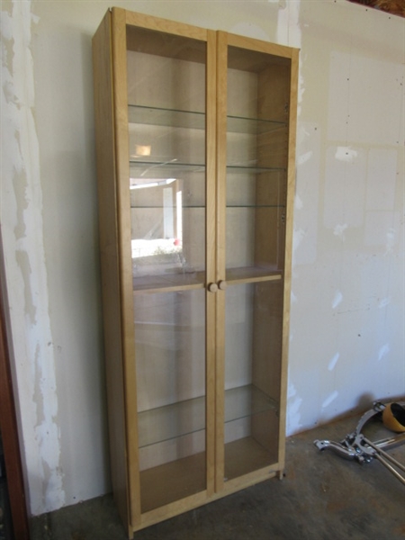 TALL CABINET WITH MAPLE FRAMED GLASS DOORS
