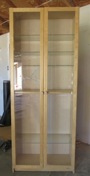 TALL CABINET WITH MAPLE FRAMED GLASS DOORS