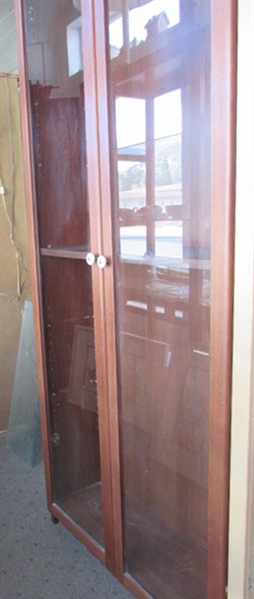 TALL DARK WOOD FINISH CABINET WITH TWO GLASS DOORS