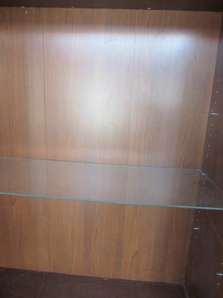 TALL DARK WOOD FINISH CABINET WITH TWO GLASS DOORS