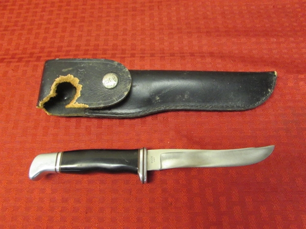 SUPER SHARP, FIXED BLADE BUCK KNIFE, NO. 105 WITH LEATHER SHEATH, VINTAGE MODEL