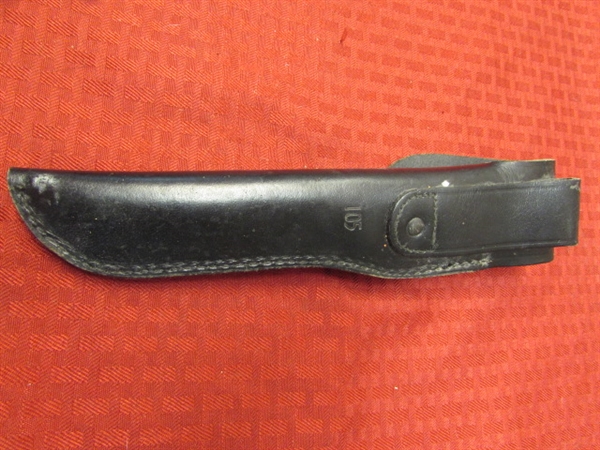 SUPER SHARP, FIXED BLADE BUCK KNIFE, NO. 105 WITH LEATHER SHEATH, VINTAGE MODEL