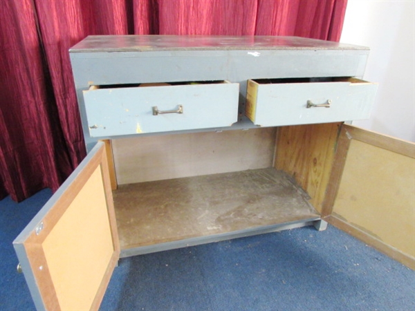 SOLID STEEL TOPPED SHOP CABINET WITH TWO DRAWERS