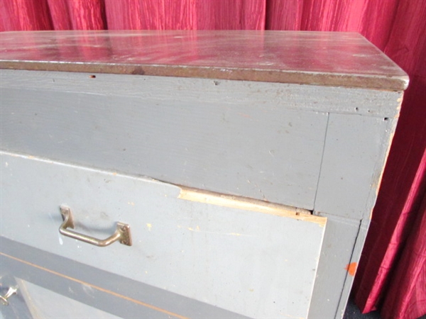 SOLID STEEL TOPPED SHOP CABINET WITH TWO DRAWERS