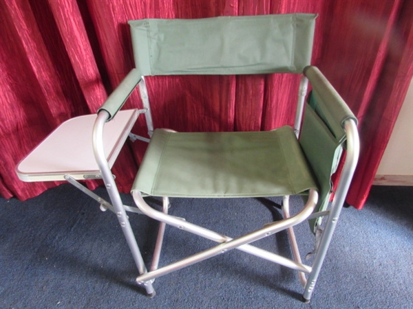TWO NICE FOLDING CANVAS CHAIRS WITH TABLES & GADGET BAGS!