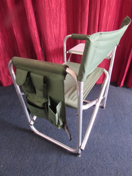 TWO NICE FOLDING CANVAS CHAIRS WITH TABLES & GADGET BAGS!