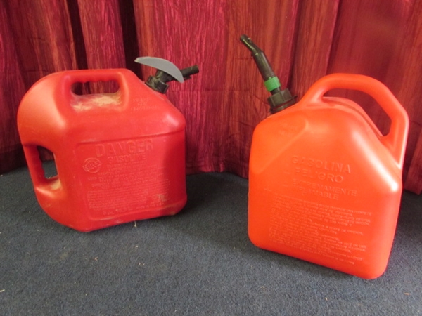 TWO FIVE GALLON GAS CANS WITH SPOUTS
