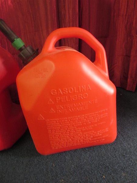 TWO FIVE GALLON GAS CANS WITH SPOUTS