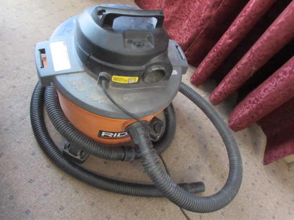 RIGID SHOP VAC WITH WAND, LONG HOSES & ACCESSORIES.