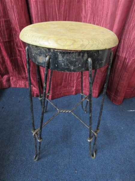 RUSTIC SCULPTED METAL STOOL WITH WOODEN SEAT