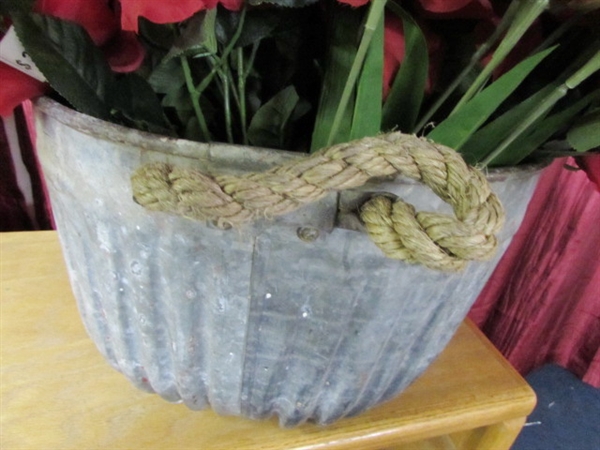 LARGE GALVANIZED TUB OVER FILLED WITH COLORFUL SILK FLOWERS