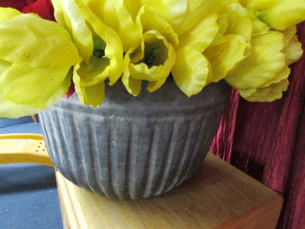 LARGE GALVANIZED TUB OVER FILLED WITH COLORFUL SILK FLOWERS