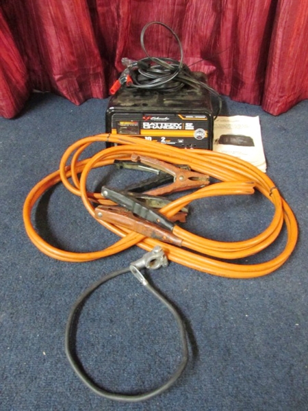 ELECTRIC BATTERY CHARGER, BATTERY CABLE & JUMPER CABLES & CROWBAR