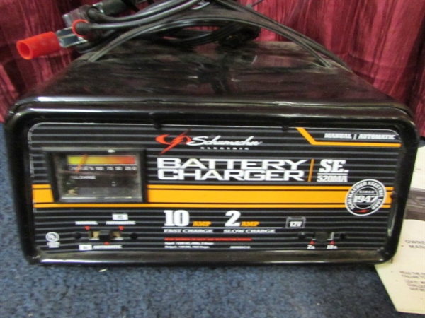 ELECTRIC BATTERY CHARGER, BATTERY CABLE & JUMPER CABLES & CROWBAR