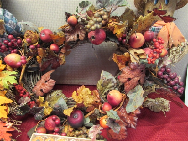 TIME FOR FALL DECOR - 2 SCARECROWS, PUMPKIS WREATH & MORE