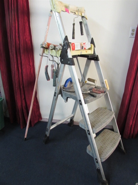 PAINTERS 5' STEP LADDER WITH PAINT SUPPLIES, TILE & SHEET ROCK TOOLS