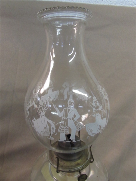 VINTAGE GLASS OIL LAMP WITH LAMP OIL & 2 CHIMNEYS