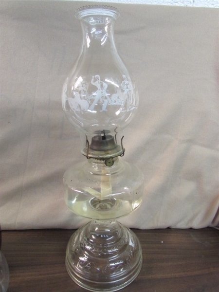 VINTAGE GLASS OIL LAMP WITH LAMP OIL & 2 CHIMNEYS