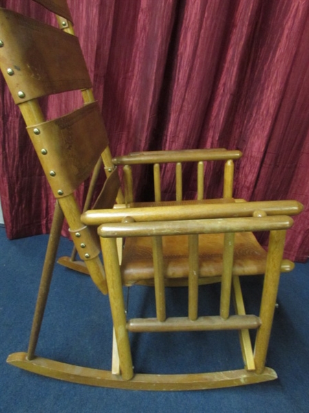 FOLDING ROCKING CHAIR WITH WESTERN STYLE TOOLED LEATHER.