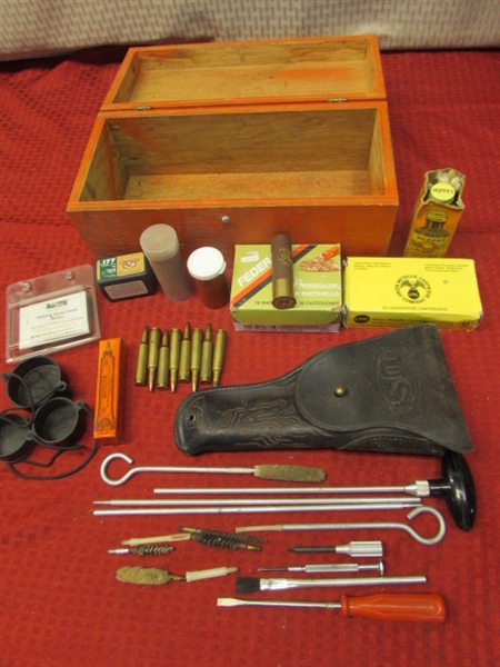 WOODEN BOX WITH VINTAGE MILITARY LEATHER HOLSTER, BULLETS, GUN CLEANING SUPPLIES & MORE