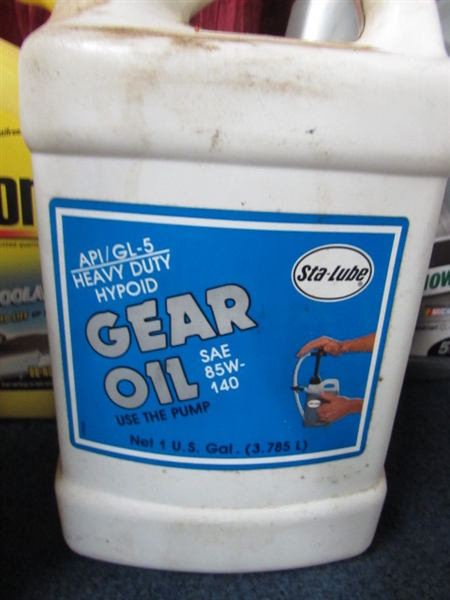 FIVE QUART CONTAINERS OF MOTOR OIL, GEAR OIL & ANTI-FREEZE