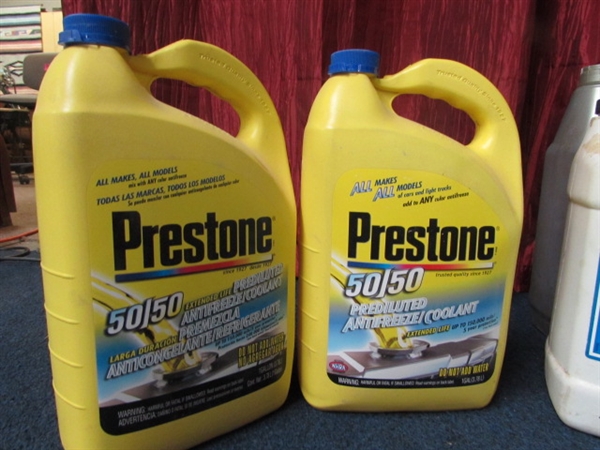 FIVE QUART CONTAINERS OF MOTOR OIL, GEAR OIL & ANTI-FREEZE