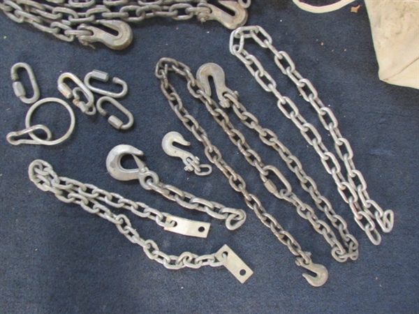 LOTS OF CHAIN, CHAIN BINDERS, STRAPS & ROPE