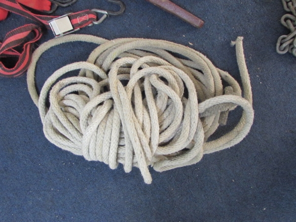 LOTS OF CHAIN, CHAIN BINDERS, STRAPS & ROPE