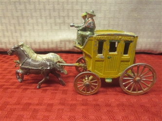 THERES A STAGE COMING IN!!! VINTAGE CAST IRON COACH WITH TEAM & DRIVERS