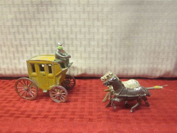 THERE'S A STAGE COMING IN!!! VINTAGE CAST IRON COACH WITH TEAM & DRIVERS