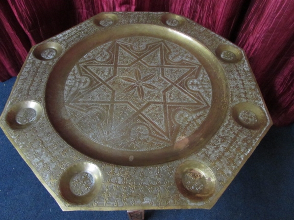 UNIQUE PERSIAN BRASS TRAY/TABLE WITH WOODEN STAND
