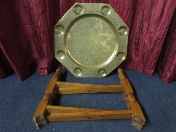 UNIQUE PERSIAN BRASS TRAY/TABLE WITH WOODEN STAND