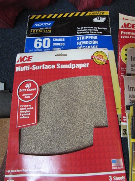 LOADS OF SAND PAPER WITH PORTER CABLE PALM GRIP FINISHING SANDER & SANDING BLOCKS