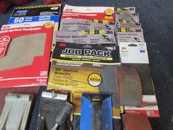 LOADS OF SAND PAPER WITH PORTER CABLE PALM GRIP FINISHING SANDER & SANDING BLOCKS