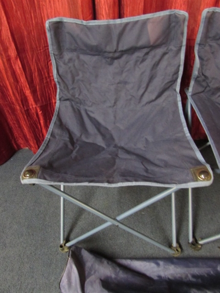 ENJOY THE GREAT OUTDOORS WITH TWO HANDY FOLDING CHAIRS, CANVAS WITH METAL FRAMES.