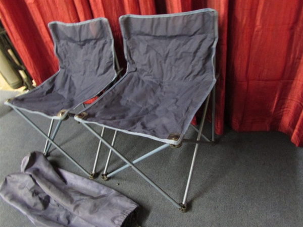 ENJOY THE GREAT OUTDOORS WITH TWO HANDY FOLDING CHAIRS, CANVAS WITH METAL FRAMES.