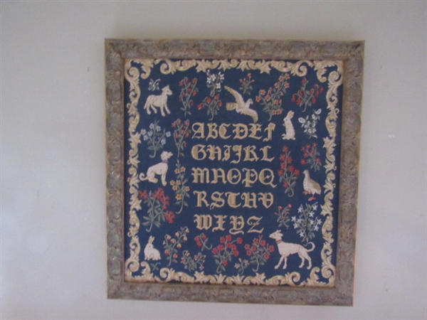 PRETTY TAPESTRY/SAMPLER FRAMED IN AN ATTRACTIVE DIMENSIONAL ANTIQUED FRAME