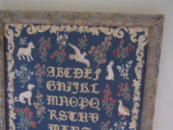 PRETTY TAPESTRY/SAMPLER FRAMED IN AN ATTRACTIVE DIMENSIONAL ANTIQUED FRAME
