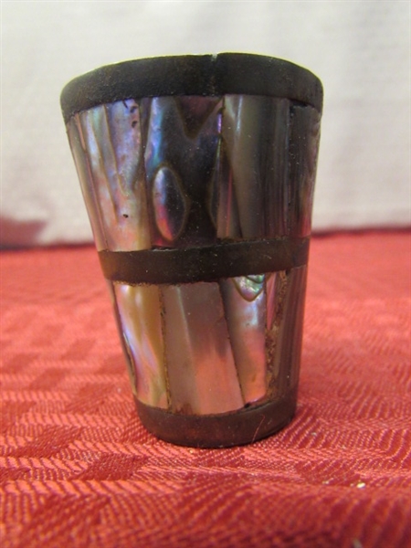 VINTAGE BRASS AND ABALONE SHELL SHOT GLASS