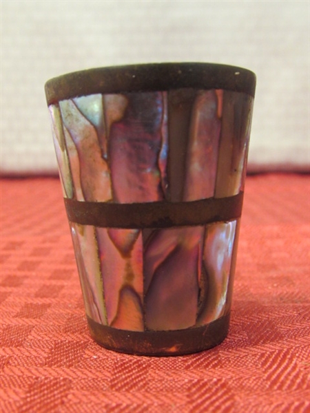 VINTAGE BRASS AND ABALONE SHELL SHOT GLASS