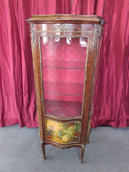 FABULOUS ANTIQUE FRENCH VERNIS MARTIN CURIO CABINET WITH HANDPAINTED LOWER CABINET DOOR