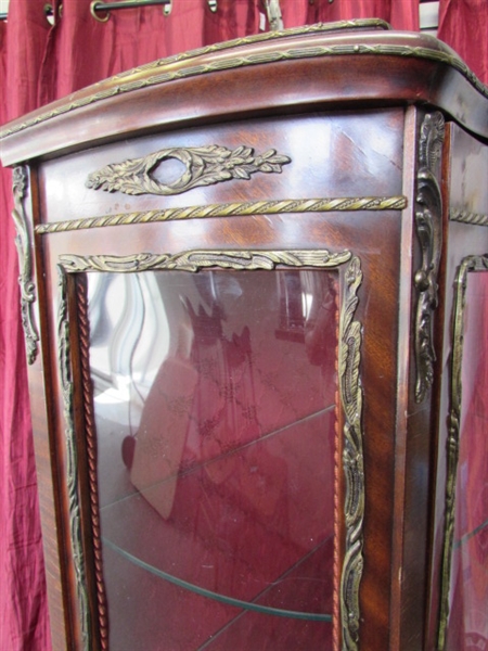 FABULOUS ANTIQUE FRENCH VERNIS MARTIN CURIO CABINET WITH HANDPAINTED LOWER CABINET DOOR