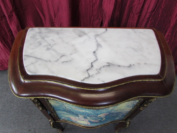 MATCHING ANTIQUE CURVED FRONT & SIDES COMMODE WITH MARBLE INSET TOP