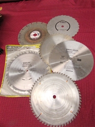 FIVE 10" SAW BLADES (ONE IS NEW) & ONE 9" BLADE