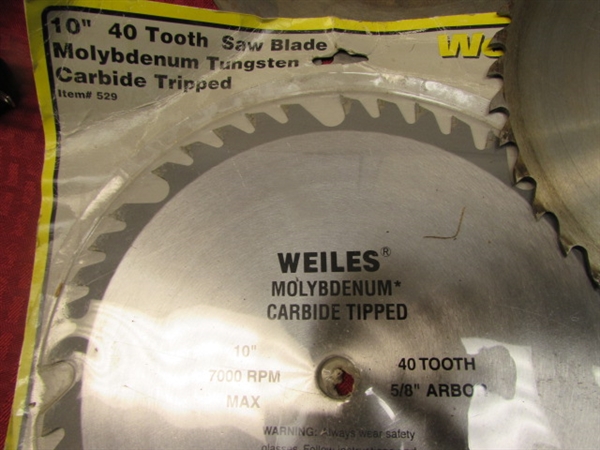 FIVE 10 SAW BLADES (ONE IS NEW) & ONE 9 BLADE